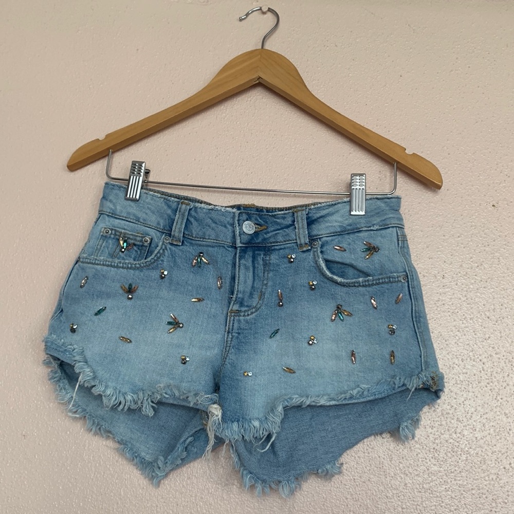 Trafaluc denimwear Zara Embellished Jewel Light Wash Jean Short